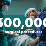 Surgeons operate and the words 300,000 surgical procedureds imposed in front.