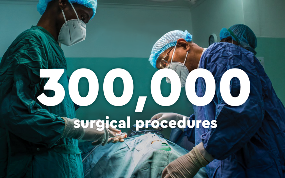 Surgeons operate and the words 300,000 surgical procedureds imposed in front.